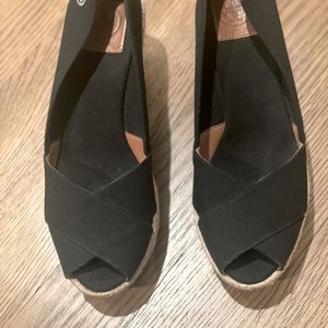 Tory Burch black wedge espadrille sandals.
